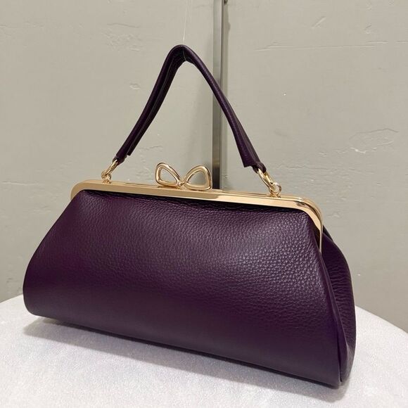 Purple Pebble Leather Handmade Bow Shaped Kisslock Baguette Bag/Crossbody - Picture 7 of 16